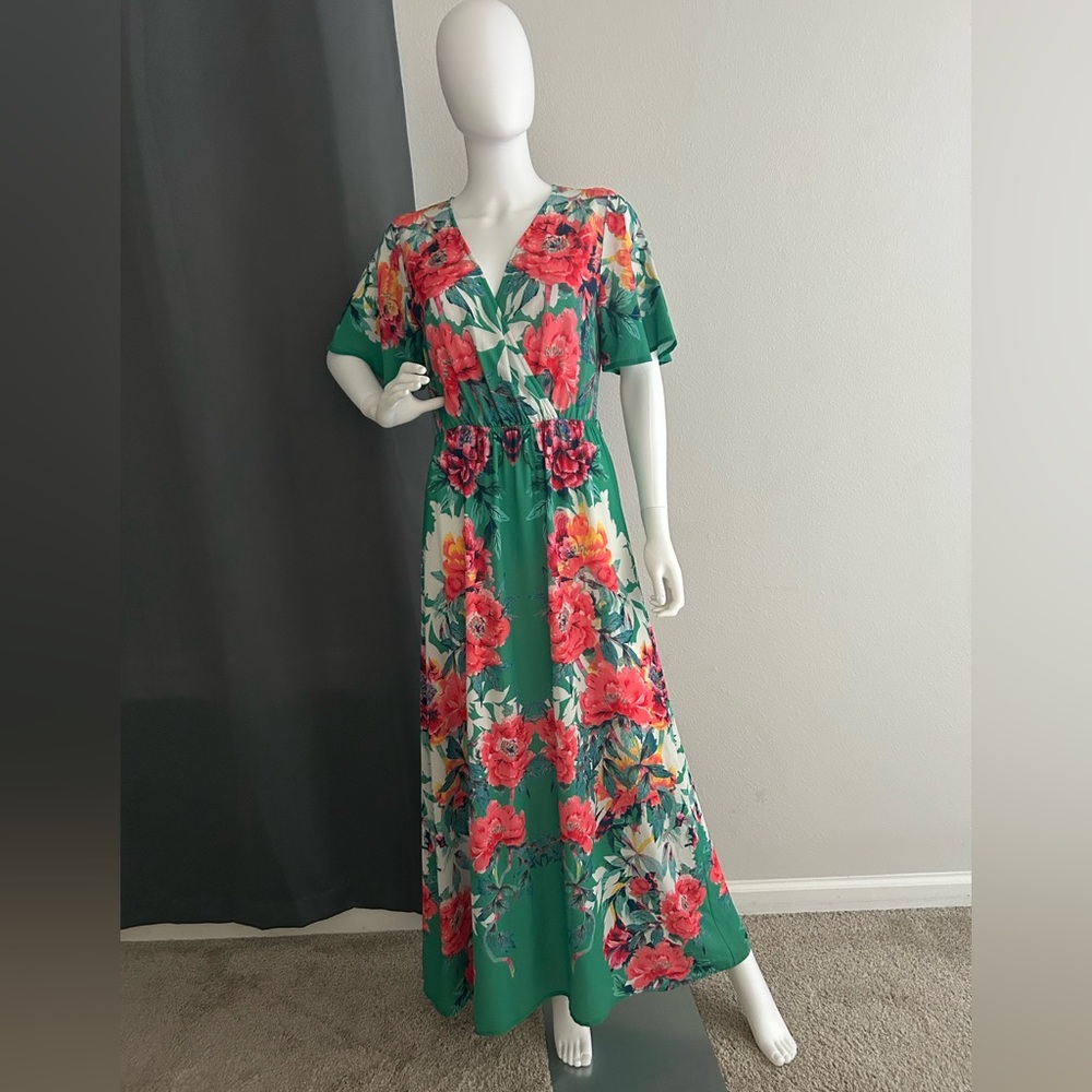 Lulu's Floral Maxi Dress in Green and Pink
